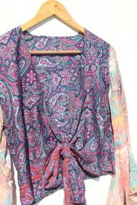 Nouveau haut portefeuille en soie imprimé pour l'été manches cloche haut court robe tunique pour femmes manches longues cloche haut court pour les femmes - Product Image 3