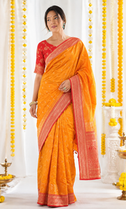 Sari de seda naranja con borde rojo y blusa para mujer, ropa tradicional para bodas en India y Pakistán - Product Image 3