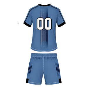 Ensemble de rugby bleu acier et noir, maillot à manches courtes et col rond avec short assorti, respirant, pour l'entraînement d'équipe et les performances sportives - Product Image 2