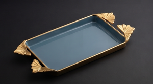 Plateau de service rectangulaire de luxe en émail bleu clair avec poignées en feuille de Ginkgo, plateau de table basse en métal doré poli, plat de rangement polyvalent - Product Image 5