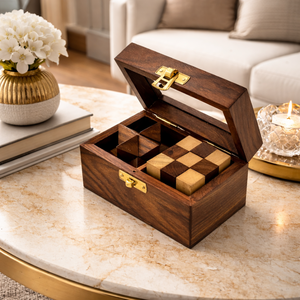 Coffret de 2 boîtes à puzzle en bois de rose indien, fabriquées à la main |   Jeux de casse-tête en bois |   Boîte cadeau avec couvercle en verre |   Puzzle en bois de qualité supérieure - Product Image 1