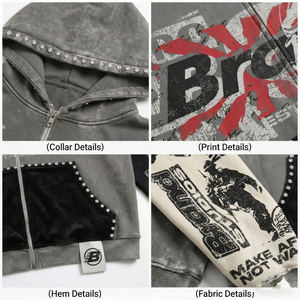 Sweat à capuche unisexe oversize en coton avec fermeture éclair, motif graphique personnalisé en strass, coupe carrée, effet délavé, style streetwear - Product Image 4