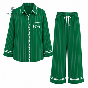 Iota Phi Lambda Women's Striped Pajama Set Button Front Long Sleeve Sleepwear Contrast Trim Lounge <b>PJs</b> With Drawstring Pants - Product Image 1