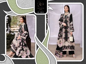 Kameez élégant en coton semi-couturé avec broderie, pantalon en coton assorti, dupatta en mousseline avec bordure en organza, pour fêtes, hiver et été - Product Image 3