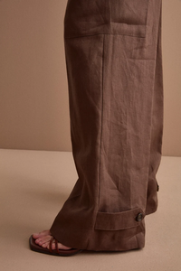 <span class=keywords><strong>Pantaloni</strong></span> da Donna a Gamba Larga, Vita Alta, Eleganti per Ufficio, Personalizzati, Marrone Scuro, Plissettati, in <span class=keywords><strong>Lino</strong></span>, Stile Cargo - Product Image 5