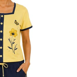Yellow And Navy Women Two Piece Shorts Set Square Neck Button <b>Top</b> Floral Butterfly Print Contrast Trim Casual Summer Cotton Loun - Product Image 4