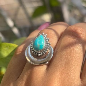 Anillo de Plata de Ley 925 con Turquesa Genuina en Forma de Luna Creciente, Joyería Bohemia con Piedras Preciosas para Mujer - Product Image 6