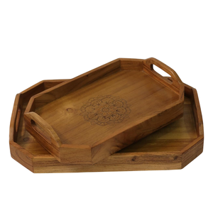 Lot de 2 plateaux en bois de manguier de haute qualité avec poignées découpées Plateaux de service décoratifs pour restaurant à domicile Hôtel ou présentoir de boissons - Product Image 1