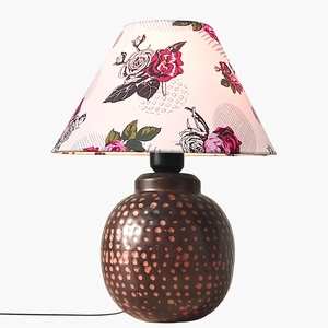 Vintage style Floral <b>Table</b> Lamp Rose Pattern Fabric Shade Hammered Copper Base Artistic <b>Bedside</b> Nightstand Light Home Decor - Product Image 5