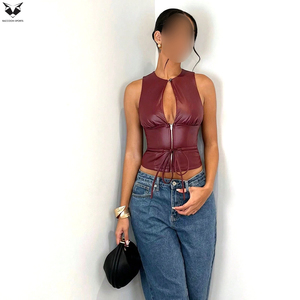 Deep Red Color Sleeveless Zipper Front Slim Fit Club Streetwear Fashion Wear Fully Customized Made OEM ODM Service Leather Vest - Product Image 5