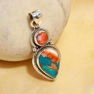 Pendentif artisanal vintage bohème en argent sterling 925 avec turquoise naturelle en forme de poire et coquille d'ormeau épineuse, idéal pour un anniversaire - Product Image 2