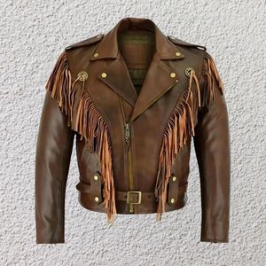 Veste en cuir de vachette marron pour homme Fazmax Corporation, style motard, fermeture éclair à franges, col rabattu, coupe régulière, respirante pour l'hiver - Product Image 2