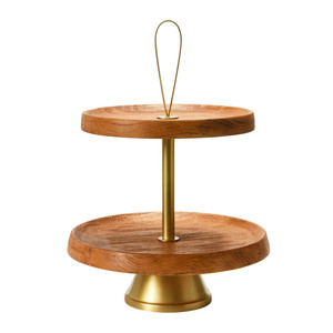 Two-Tiered Wooden <b>Cake</b> <b>Stand</b> Featuring Rich Natural Wood Trays Gold Central Rod Base Convenient Top Loop Handle, Serving & Decor - Product Image 1