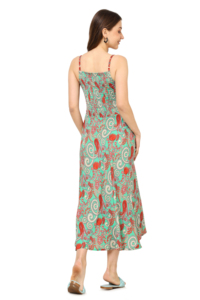 Vestido de mujer verde floral con smock y bordados, sin mangas, cuello cuadrado, de poliéster, estilo acampanado, a la moda, estilo occidental. - Product Image 5