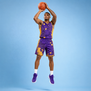 Conjunto de Baloncesto Geométrico Morado y Amarillo para Hombre, Personalizado, sin Mangas, Cuello en V, Secado Rápido, Poliéster, Uniforme Deportivo, Ajuste Atlético para Todas las Temporadas - Product Image 3
