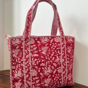 Bolso Tote de Algodón Acolchado con Estampado Indio, Diseño Floral Verde, Asas a Rayas para Mujer - Product Image 2