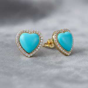ต่างหูเงินแท้ 925 ชุบทอง 14K ประดับด้วยเทอร์ควอยซ์ธรรมชาติทรงหัวใจ ดีไซน์เรียบหรู เหมาะสำหรับเจ้าสาว เป็นของขวัญ - Product Image 1
