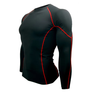 Maillot de compression à manches longues pour homme, noir avec bordure rouge, séchage rapide, polyester, pour entraînement sportif, fitness, natation, surf - Product Image 2