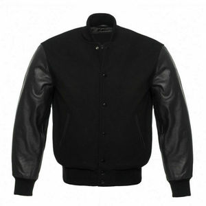Classic Varsity Letterman Bomber <b>Jacket</b> Geometric Cartoon Patchwork Design Stand Collar Black Wool Body Sleeves Unisex <b>Winter</b> - Product Image 3