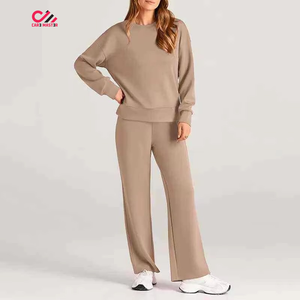 Ensemble de survêtement pour femmes, couleur unie, col rond, manches longues, coupe ample, pantalon à cordon de serrage, 100% coton, vêtements décontractés d'automne - Product Image 3
