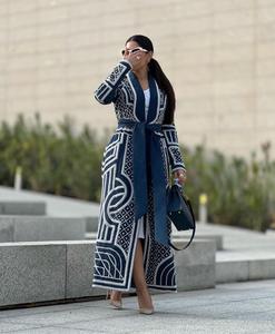 Women's Navy <b>Chiffon</b> Embroidered Solid Beaded Floor-Length Modest V-Neck Long Sleeve Wrap Style Evening Formal Dress Natural - Product Image 4
