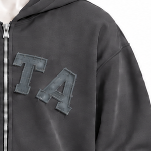 Charcoal Grey Mens <b>Full</b> <b>Zip</b> Hoodie Chenille Letter Patch Heavyweight Fleece Oversized Casual Streetwear <b>Sweatshirt</b> with Pockets - Product Image 6