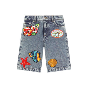 <b>Men's</b> Denim Bermuda <b>Shorts</b> With Embroidered Floral Fish Shell <b>Patches</b> Mid Waist Button Fly Casual Summer Wear - Product Image 1