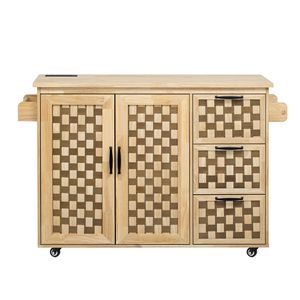 Isola da Cucina con Piano Ribaltabile da 135,6 cm, Design a Scacchiera 3D Intrecciato, con Ruote e Vano Portaoggetti Interno - Product Image 4