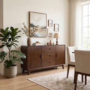 Midcentury Modern Natural Oak Living Room <b>Cabinet</b> 3 <b>Drawer</b> 2 Flat Panel Door <b>Storage</b> Sideboard Console Furniture 3-Year Warranty - Product Image 4