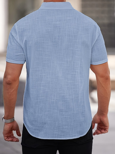 Customized Brand Men's Light Blue Short Sleeve Linen Shirt Solid Casual Breathable Summer Woven Fabric Button Collar Pocket - Product Image 4