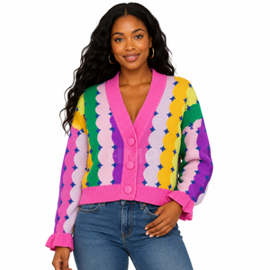 HMR Sisterhood Sorority Cardigan en acrylique tricoté à col en V, motif géométrique couleur bonbon, manches à volants, haut décontracté - Product Image 1