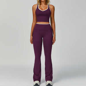 Women's Seamless Breathable V-Neck Adjustable Strap High-Waisted Crop <b>Top</b> Leggings 2-Piece Yoga Activewear Set Polyester/Cotton - Product Image 2