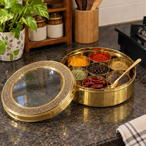 Clear Glass Lid Brass Masala Box Floral Engraved Round Indian <b>Spice</b> Container 7 Bowls Kitchen Organizer Wholesale Manufacturer - Product Image 2