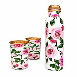 Rose floral copper bottle Copper bottle with <b>glasses</b> Handicraft copper drinkware Floral design copper set - Product Image 4
