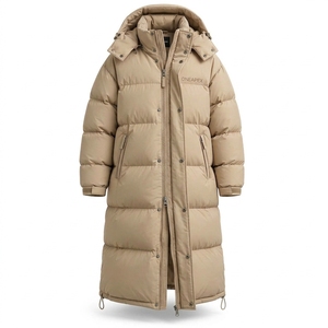 Unisex Beige <b>Long</b> <b>Puffer</b> <b>Coat</b> Hooded Winter Jacket Heavyweight Quilted Down Style Outdoor Warm Streetwear Custom Log - Product Image 2