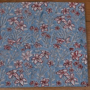 Traditional Breathable Lightweight Sky Blue Red Floral Hand Block Printed 100% Cotton <b>Fabric</b> White Leaf Stem Design for Fashion - Product Image 1