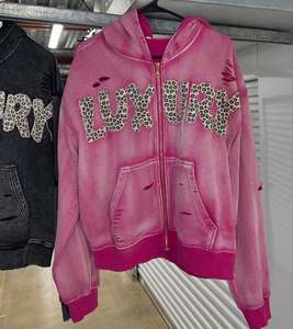 Envío Gratis a EE. UU. Sin Impuestos Personalizado Oversize de Gran Gramaje Vintage Lavado a la Piedra con Gráfico Estampado por Transferencia Térmica, Efecto Desgastado, Pedrería y Cremallera, Verano, Rápido - Product Image 3