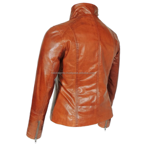 Vestes en cuir pour femmes en peau de mouton véritable à col haut, marron foncé, faites à la main - Product Image 2