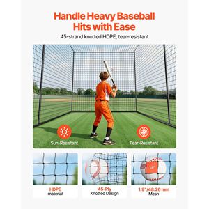 Cage de frappe autonome et portable 35,0 x 10,5 x 10,2 pieds en HDPE noué 45 plis, équipement d'entraînement de baseball - Product Image 4