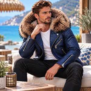 Chaqueta de Motociclista de Cuero de Pitón Premium para Hombre con Capucha de Piel de Zorro, Ropa Exterior de Moda para Motociclistas |   Chaqueta de cuero para hombre |   Chaqueta de Cuero para Hombre - Product Image 6