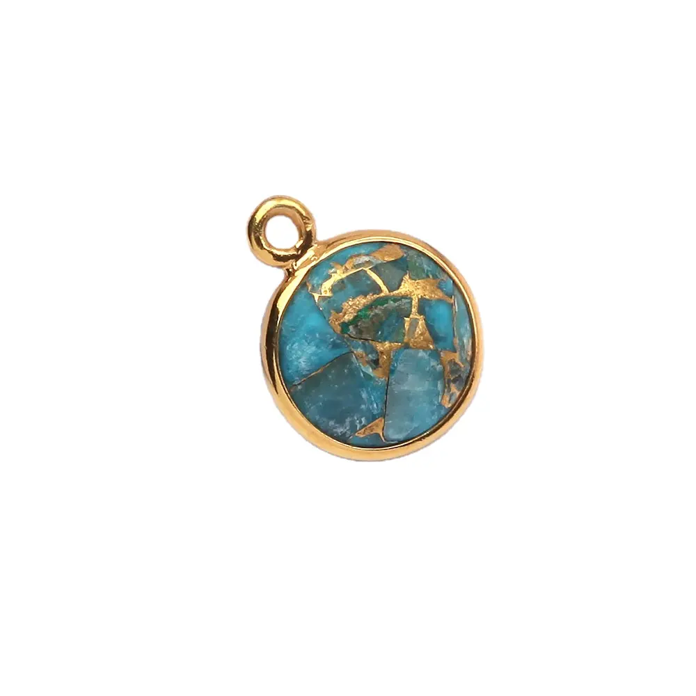 Hot Selling Natural 12mm Round Shape Blue Copper Turquoise Gemstone Sterling Silver Bezel Gold Plated Charm Pendant With Loop