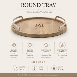 Luxury Round Wooden Serving Tray with Metal Handles | Premium Decorative Coffee <b>Table</b> Tray for Home Hotel Restaurant Serving Use - Product Image 5