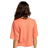 Camiseta Corta de Mujer, Color Coral, Cuello Redondo, Manga Corta, Color Sólido, con Bolsillo, Corte Holgado, Informal, Primavera Verano, 100% Algodón