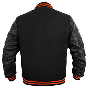 Veste varsity noire pour homme avec bordure orange, fermeture à boutons, manches en cuir PU, broderie chenille personnalisée, veste bomber d'automne - Product Image 2