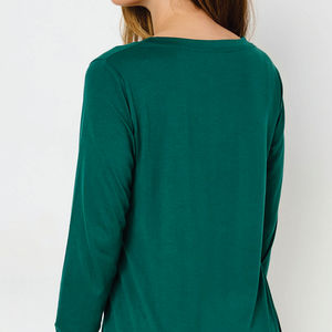 Camiseta de Manga Larga con Cuello en V para Mujer, Color Verde Sólido, Corte Regular, Ropa Casual, 100% Algodón, Transpirable, de Secado Rápido, con Logotipo, para Verano - Product Image 3