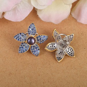 New 925 Sterling Silver Flower Shape Tahitian Pearl Stud <b>Earrings</b> 18K Gold Plated Blue Sapphire Gemstone Micro Pave <b>Fine</b> Jewelry - Product Image 4