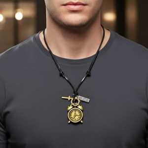 Fashion Pendant Necklace <b>Retro</b> Vintage 1.8-Inch Pure Stainless Steel <b>Clock</b> with Adjustable Leather Rope for Men & Boys - Product Image 1