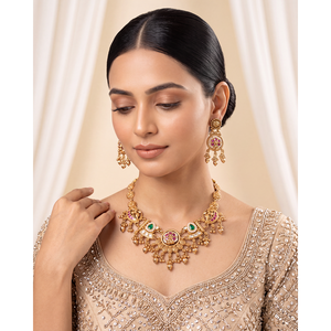 <b>Indian</b> Ethnic Unnati Heritage Gold Plated Steel Bridal Necklace & Earring <b>Set</b> - Product Image 1