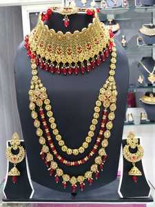 Indian Gold Plated Alloy Jewelry <b>Set</b> With Red <b>Crystal</b> Kundan Necklace Earrings Wedding Ethnic Women's Fashion Jewelry - Product Image 1