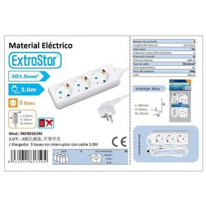 Enchufe múltiple de 3 tomas para el hogar sin interruptor, cable de 3.0M, ALARGADOR 3 BASES SIN INTERRUPTOR CON CABLE - Product Image 1